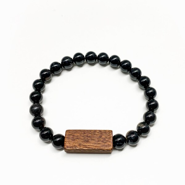 Bracelet Enzo pour homme en bois de sapelli et tourmaline | Bijoux artisanaux rectangulaires modernes en bois, pierres précieuses et pierres précieuses