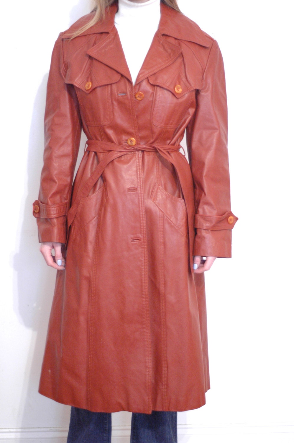 Rust colored leather belted trench coat M | Etsy