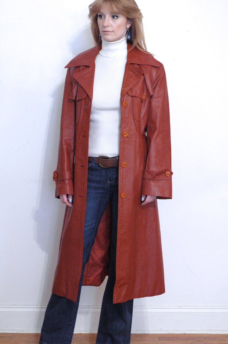 Rust colored leather belted trench coat M | Etsy