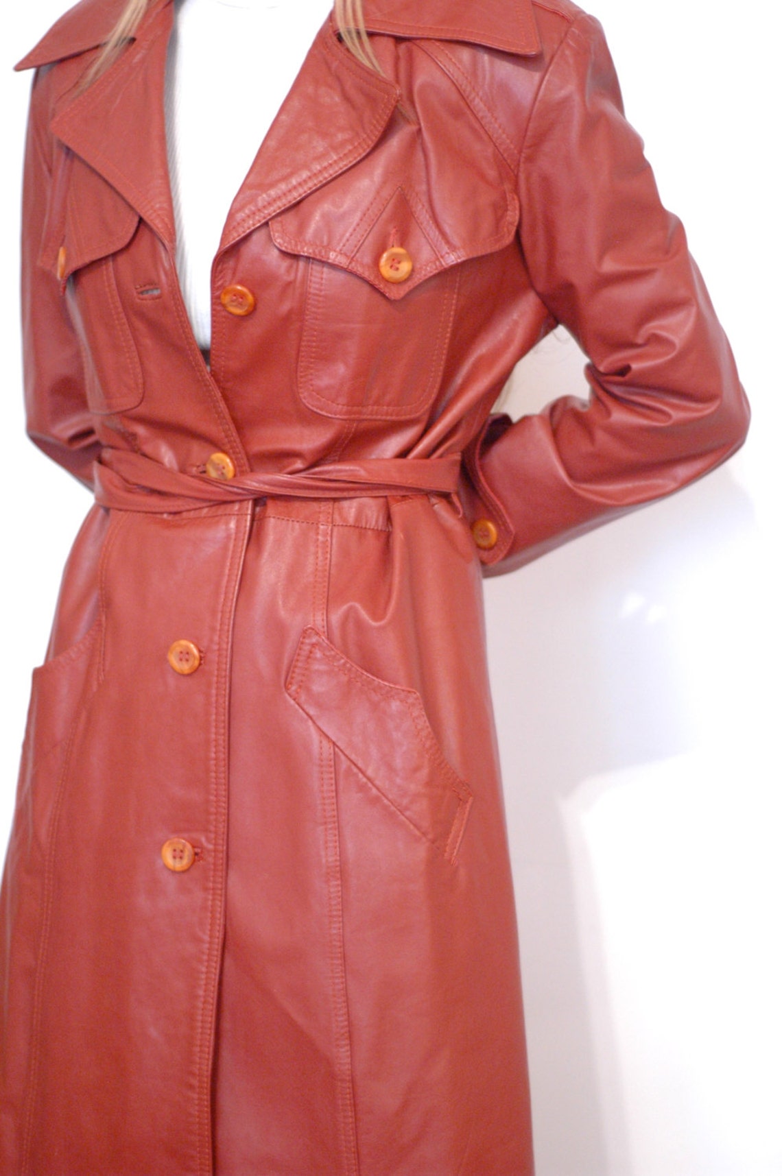 Rust colored leather belted trench coat M | Etsy