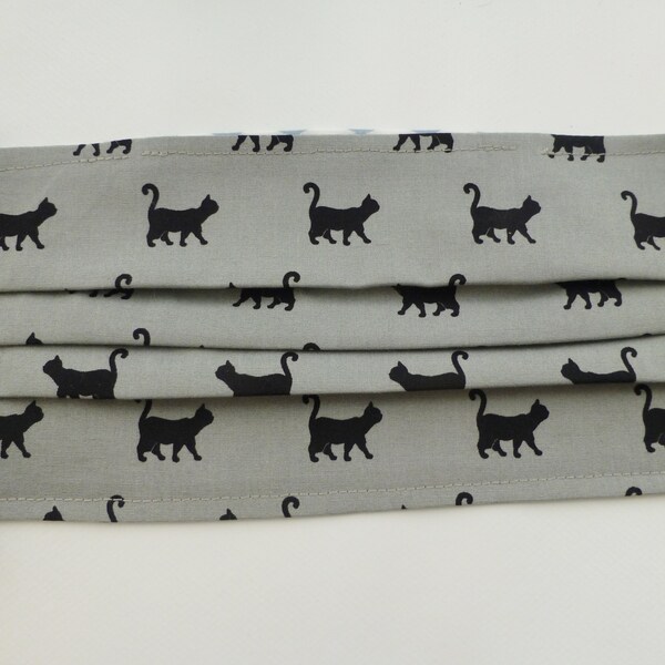Adult Reversible Face Masks 2 Layers of Cotton with Pocket for Filter and Elastic Straps Washable & Reusable White Cats Grey