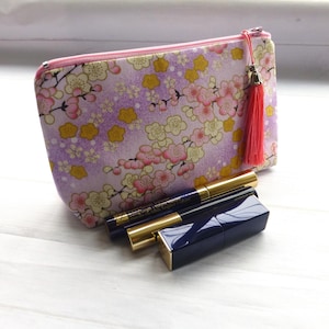 Luxury Cherry Blossom Makeup Bag, Japanese Metallic highlighted Cherry Make Up Bag with Tassel, Handbag size 8 x 4.5 inches