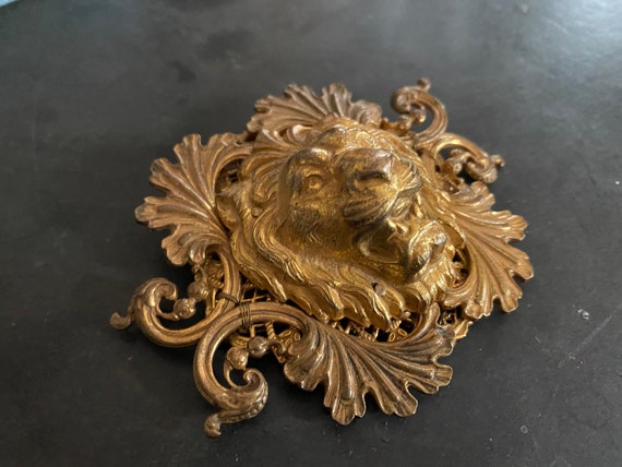 Signed Miriam Haskell Huge Ornate Gold Toned Lion… - image 2