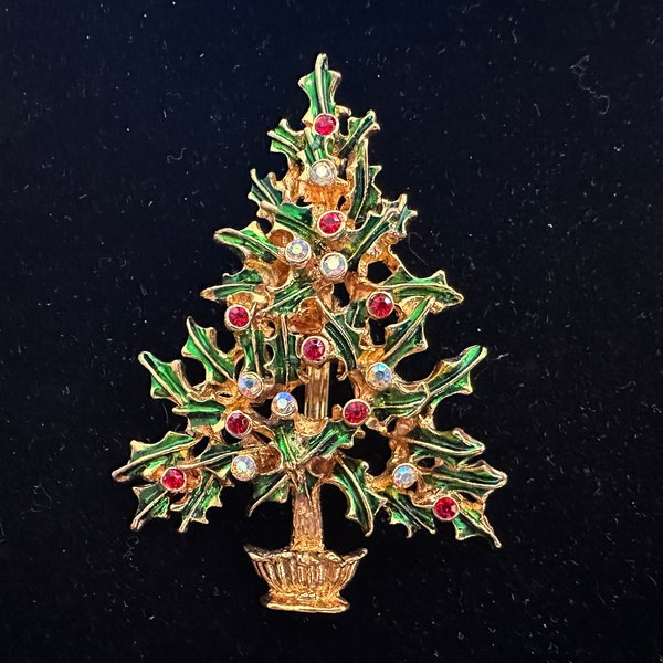 Tancer II Clear and Red Rhinestone with Green Enamel Mistletoe and Gold Christmas Tree Brooch 2068