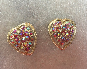 Vintage Red AB Rhinestone Heart Earrings 1547