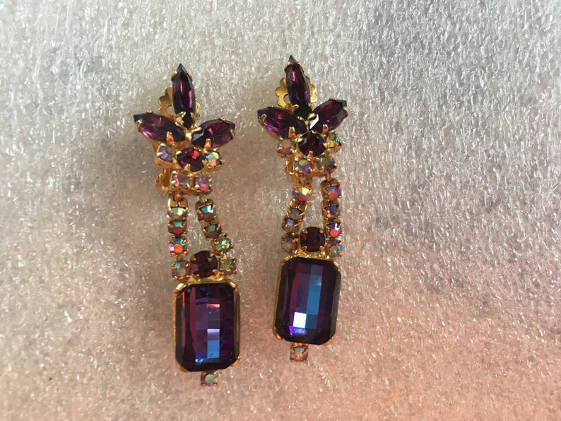 Purple Heliotrope Checkerboard Cut with Amethyst and AB Rhinestone Dangle Earrings 1556 Book Piece Juliana D/&E