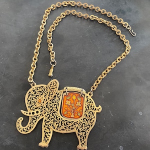 Gold Crown Inc Articulated Gold and Painted Resin Blanket Elephant Pendant Necklace 1929