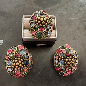 Hollycraft Multicolored Rhinestone Flower Ring and Earring Set 2099