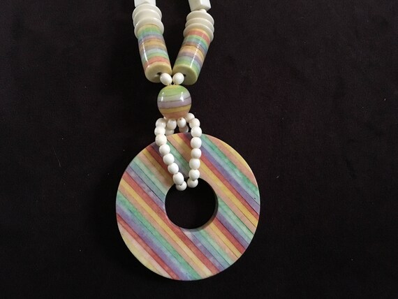 Vintage Cream and Rainbow Striped Bone Beaded Nec… - image 2