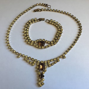 Vintage Jonquil amarillo y coñac topacio Rhinestone pulsera y gargantilla collar 1235