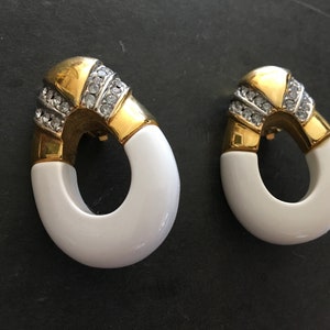 Signed Kenneth Lane 1980's White Lucite with Rhinestone Encrusted Gold Metal Earrings 1806