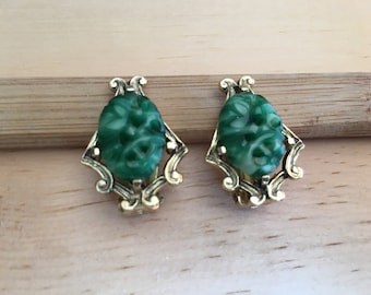 Whiting and Davis Carved Faux Jade and Gold Toned Harp Shaped Earrings 1660