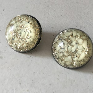Vintage White Confetti and Silver Glitter Button Earrings 0794