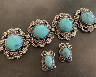 vintage années 1950 Chunky Turquoise Blue Southwestern Thermoset Bracelet et Boucle d’oreille Set 1935