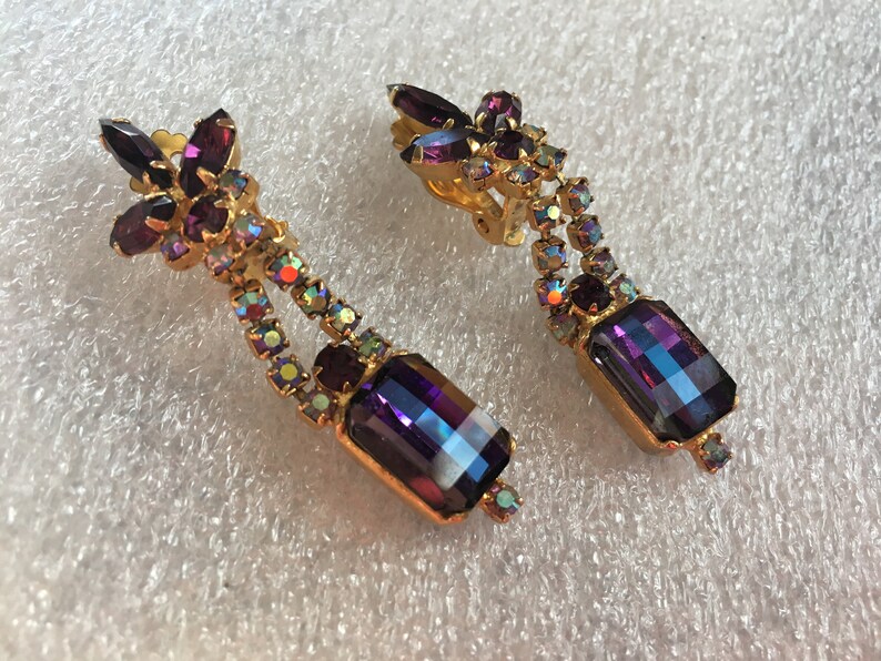 Purple Heliotrope Checkerboard Cut with Amethyst and AB Rhinestone Dangle Earrings 1556 Book Piece Juliana D/&E