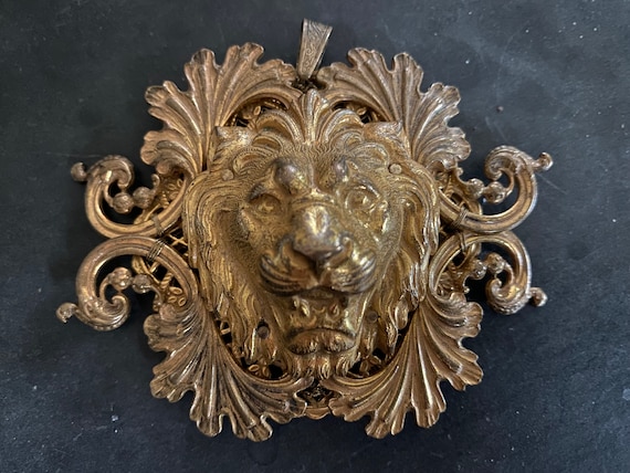 Signed Miriam Haskell Huge Ornate Gold Toned Lion… - image 1