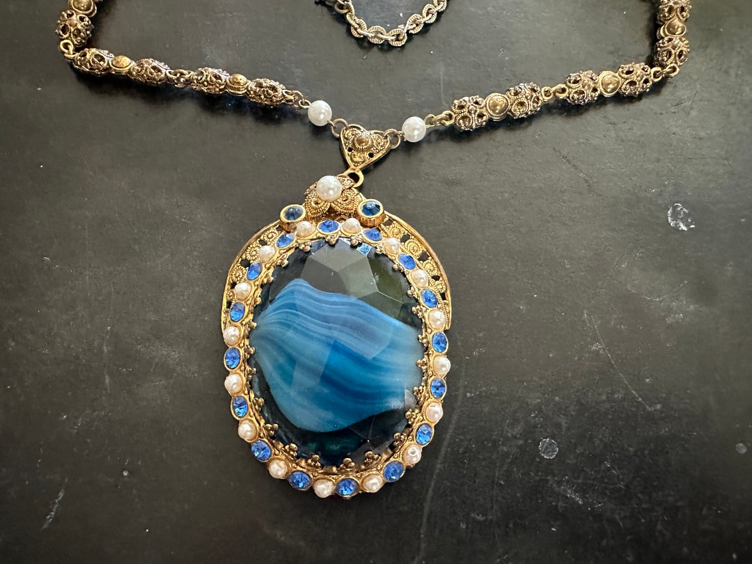 日本最大の Porphyry Blue Germany Western Glass Gold Pearls Faux and その他