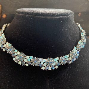Crown Trifari Light and Montana Blue Rhinestone Floral Necklace 2010 image 2
