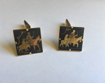 Vintage Damascene Black and Etched Gold Men on Donkeys Cuff Links 1225