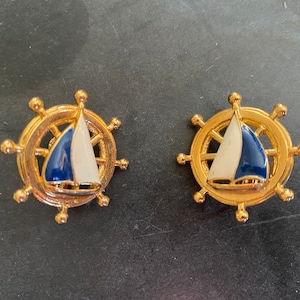 Vintage Avon Cream and Blue Enamel with Gold Metal Sailboat Clip Earrings 1898