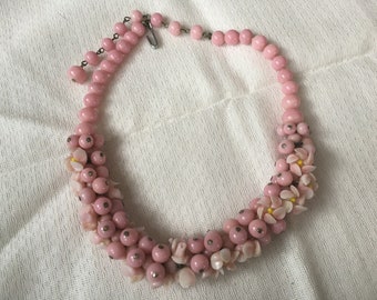 Vintage Haskell Style Cheyenne Pink Glass Flower Beaded Necklace 1771