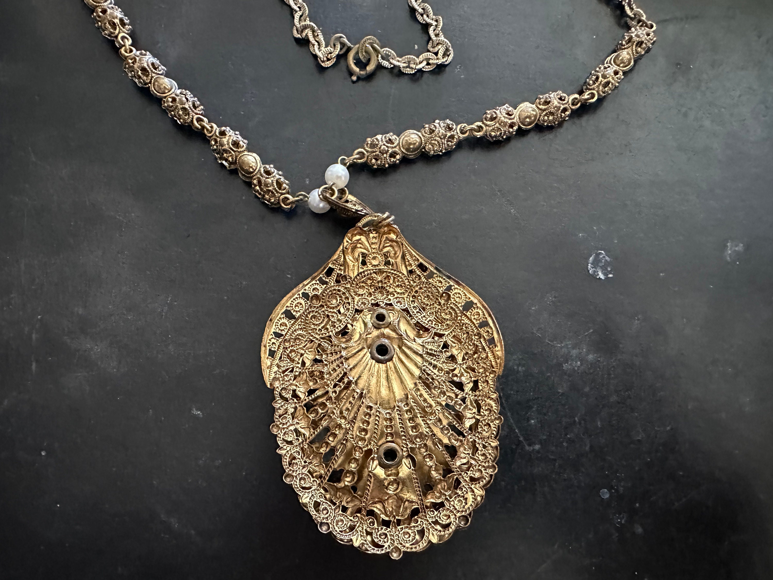 Western Germany Blue Porphyry Glass and Faux Pearls Gold