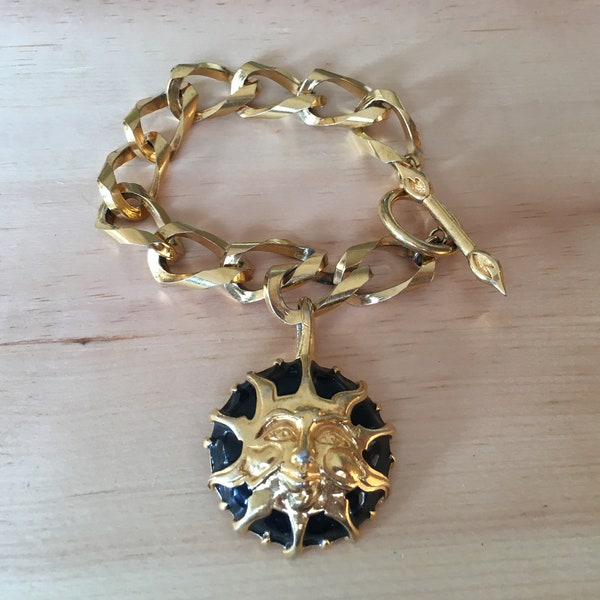 Vintage Fendi Gold and Black Sun Charm Bracelet - Chunky Chain  1730