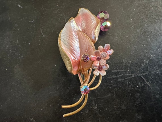 Austria Pink, Cream and Gold Metal Flower Brooch … - image 1