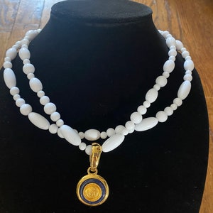 Liz Claiborne Double Stranded White Beaded Necklace with Double Sided Crest Pendant 1977
