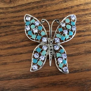 May include: A silver butterfly brooch with blue and purple rhinestones.