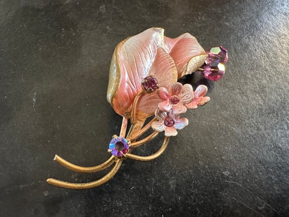 Austria Pink, Cream and Gold Metal Flower Brooch … - image 3