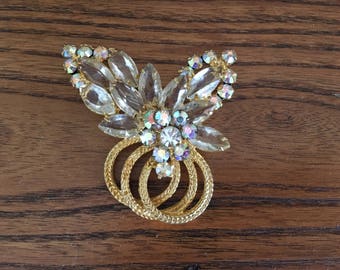 Juliana D&E Clear and AB Rhinestone with Gold Rope Flower Spray Brooch 1210