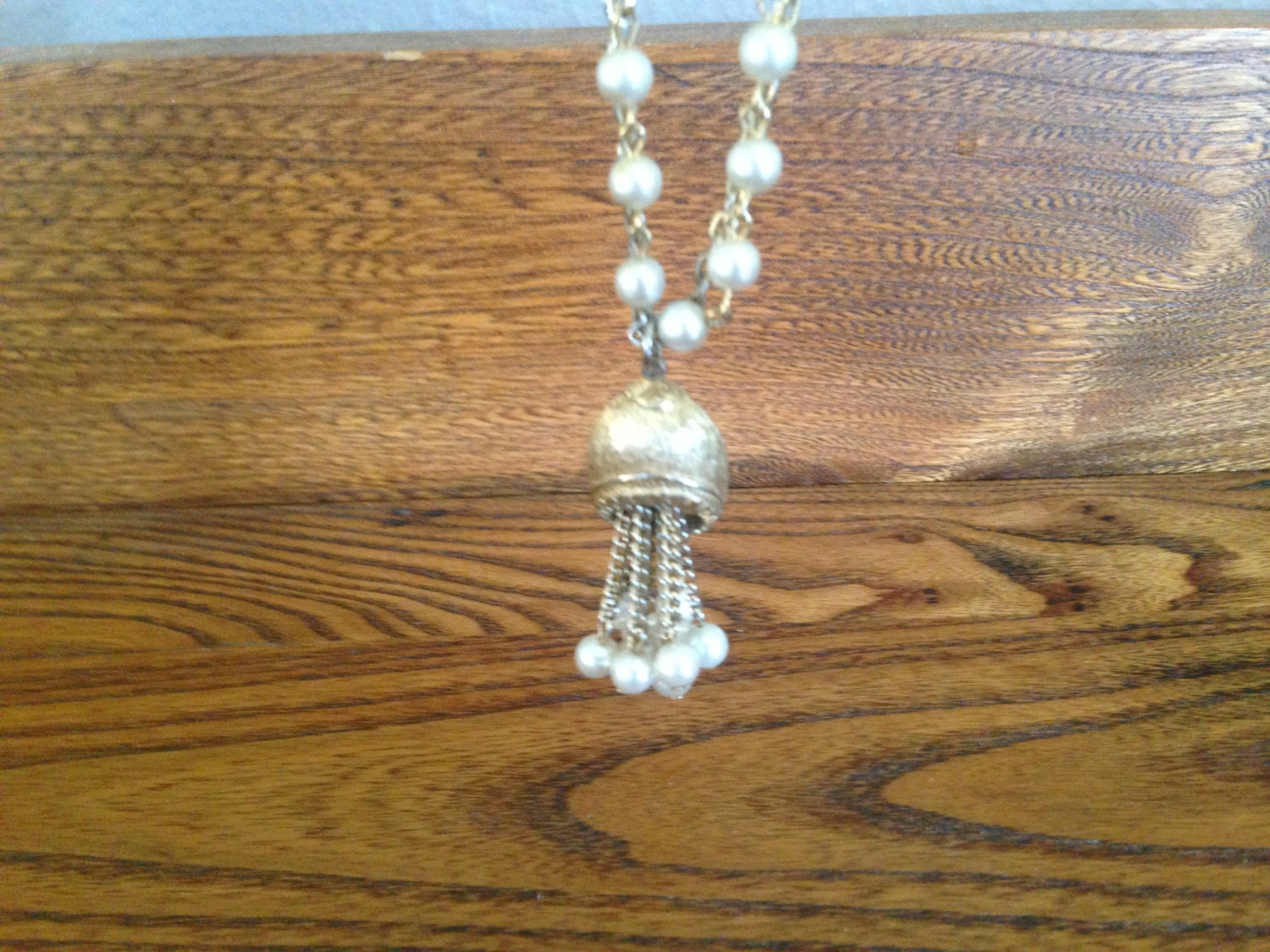 Vintage Faux Pearl Tassel Necklace With a Pearl and Gold