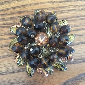 D&E Juliana Tiger Stripped Art Glass with Colorado Topaz Rhinestones and Brown Glass Beads Brooch 0979