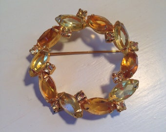 Juliana D&E Jonquil Yellow and Topaz Rhinestone Wreath Brooch