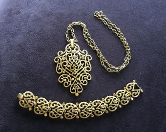 Crown Trifari Brushed Gold Scrolls Bracelet and Necklace Set 1404