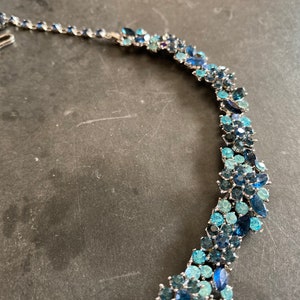 Crown Trifari Light and Montana Blue Rhinestone Floral Necklace 2010 image 5