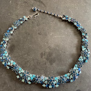 Crown Trifari Light and Montana Blue Rhinestone Floral Necklace 2010 image 10