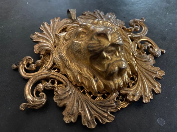 Signed Miriam Haskell Huge Ornate Gold Toned Lion… - image 7