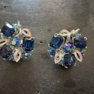 Signed Lisner Sapphire and AB Blue Rhinestone Earrings 2168