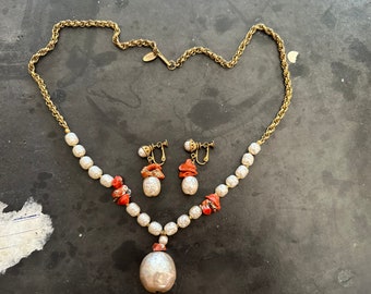 Miriam Haskell Pearl and Coral Necklace and Earring Set 2078