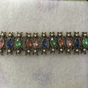 Vintage Antiqued Gold with Faux Pearls and Multicolored Rhinestone Cuff Bracelet 1630