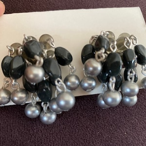 Signed Japan Silver and Black Pearl and Glass Cha Cha Earrings 2052