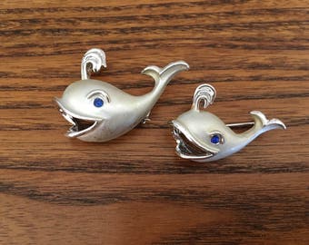 Vintage Lot of Two Silver Toned with Blue Rhinestone Whale Brooches 1109