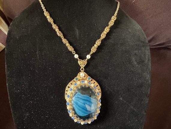 WEST GERMANY Blue Slag Glass Faux Pearl & Rhinestone