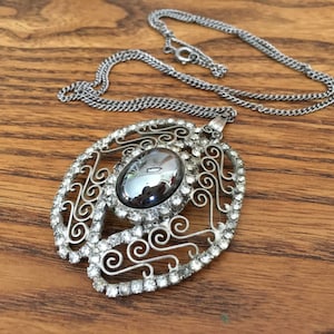 Vintage Hematite and Clear Rhinestone with Silver Moroccan Pendant Necklace 0953