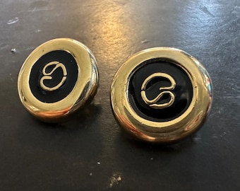 Vintage St. John Black Enamel and Gold Toned Monogramed Earrings 2149