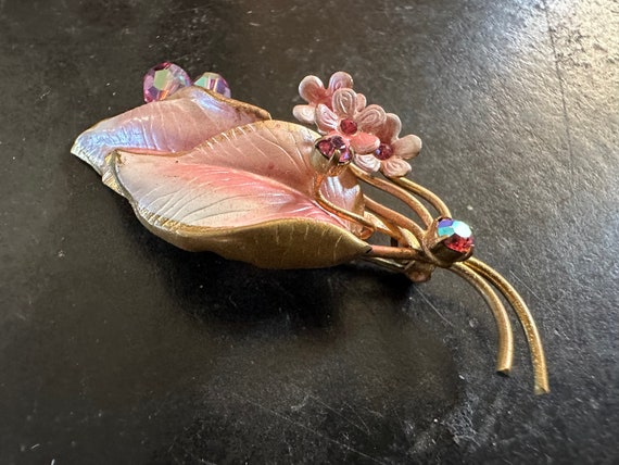 Austria Pink, Cream and Gold Metal Flower Brooch … - image 5