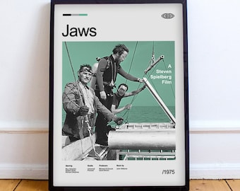 film posters 80s A4 A3 jaws 1975 movie film poster print steven spielberg 70s 80s horror action fishing cult shark attack sea boat retro modern vintage ocean