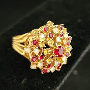 Vintage 18k HGE Klarer und Roter Stein Tiered Ring Größe 7